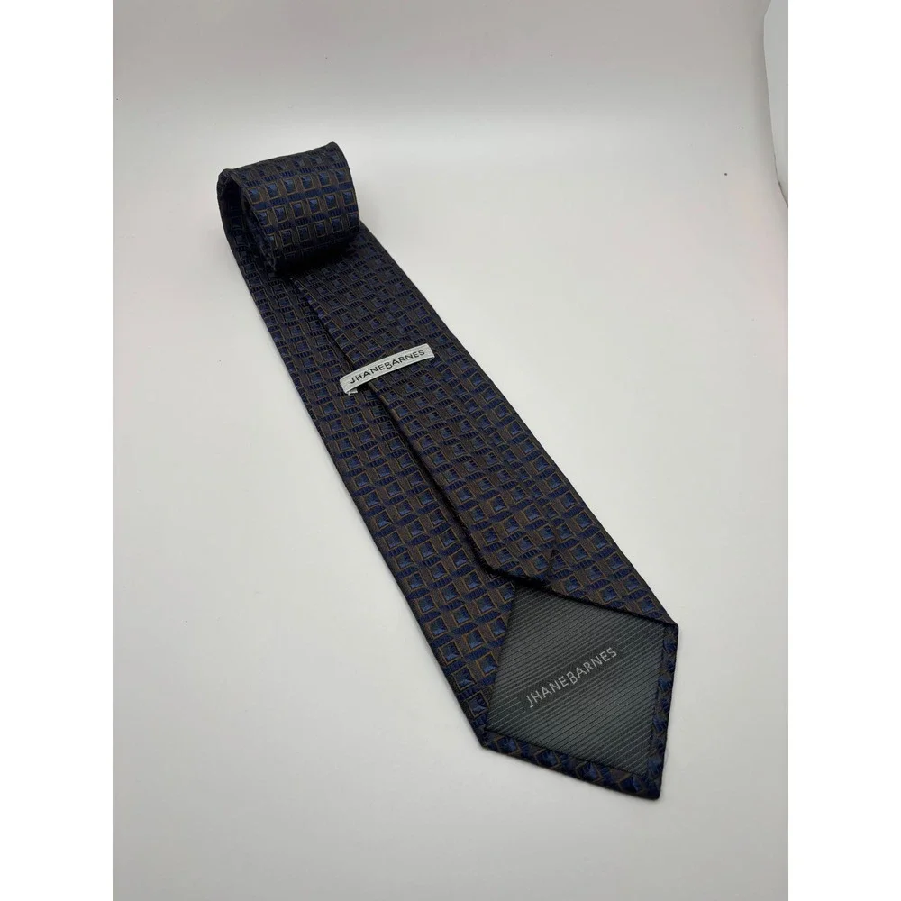 Jhane Barnes Mens Silk Necktie Navy Blue Bronze Geometric Square Pattern Tie
